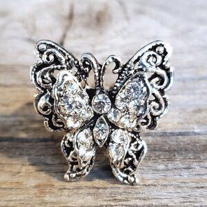 Vintage Y2K 90s Clear Crystal Butterfly Silver Adjustable Cocktail Ring
